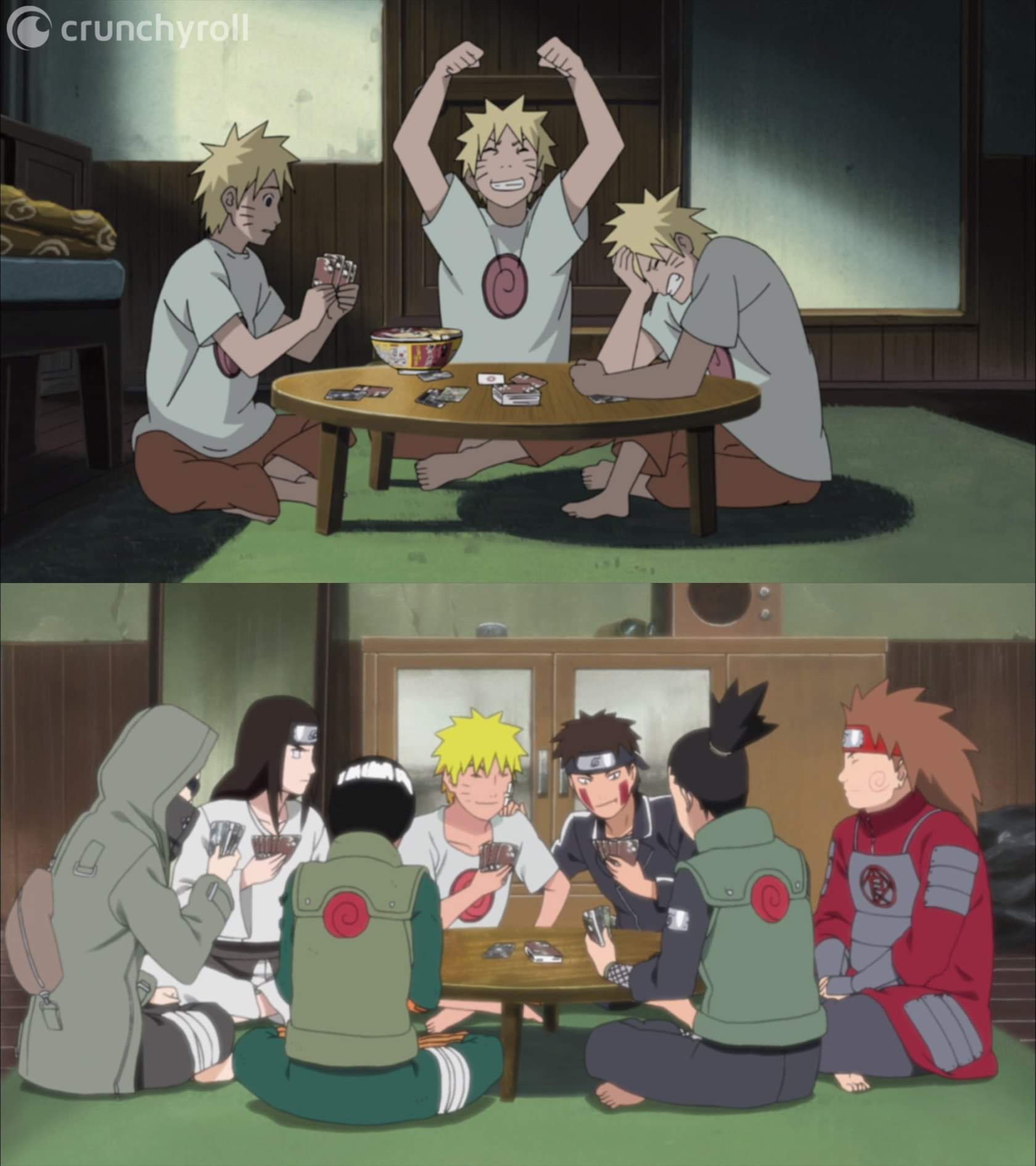 ( clones / real friends) Scene 1- Naruto with clones of himself ; Scene 2 - Naruto with real friends